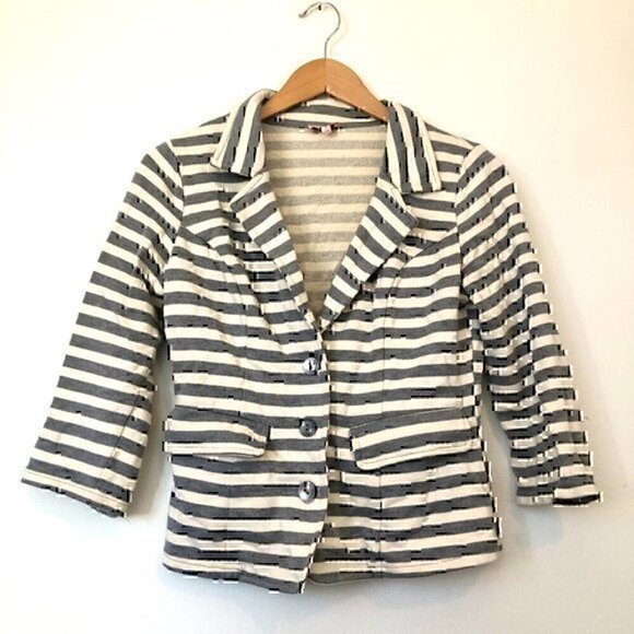 PIXLEY STITCH FIX Stripe Blazer Gray Cream Ivory French Terry 3/4 Sleeve Jacket - Picture 3 of 9